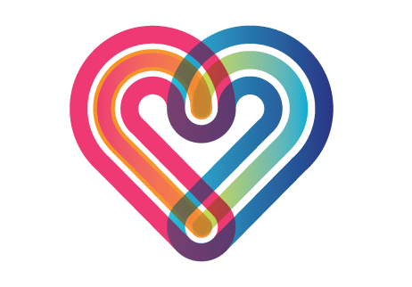 heart icon with overlays of red, orange, blue and green to symbolize people coming together in community