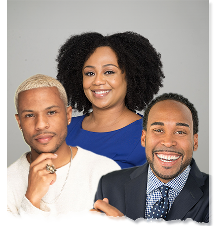 Collage featuring Black advocates in mental health: Dr. Joy Harden Bradford, Yolo Akili Robinson, and David J. Johns. These trailblazers are reshaping mental health care within the Black community, promoting access, emotional liberation, and intersectional support.