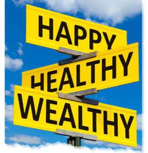 Yellow road signs with three arrows pointing forward, labeled "Happy," "Healthy," and "Wealthy," symbolizing the path to financial well-being and empowerment.