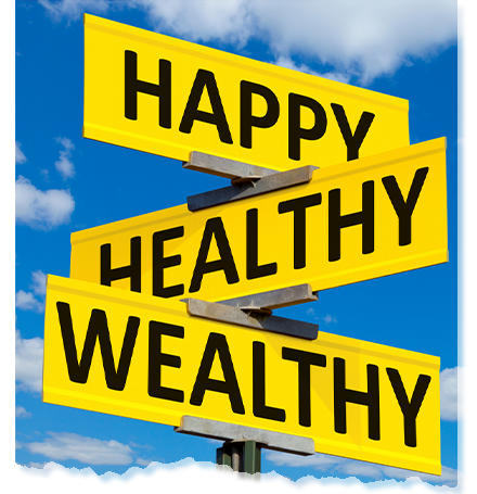 Yellow road signs with three arrows pointing forward, labeled "Happy," "Healthy," and "Wealthy," symbolizing the path to financial well-being and empowerment.